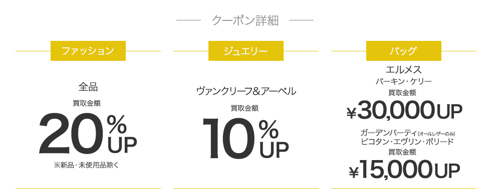 クーポン詳細 ファッション全品20%UP ジュエリー10%UP エルメスMAX30,000円UP