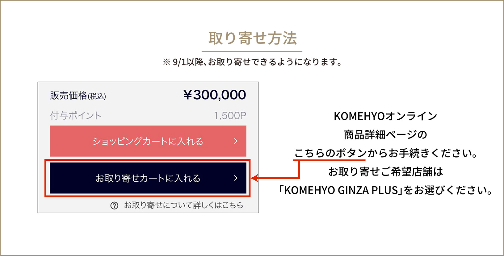 取り寄せ方法 ※9/1以降、お取り寄せできるようになります。 KOMEHYOオンライン商品詳細ページのこちらのボタンからお手続きください。お取り寄せご希望店舗は「KOMEHYO GINZA PLUS」をお選びください。