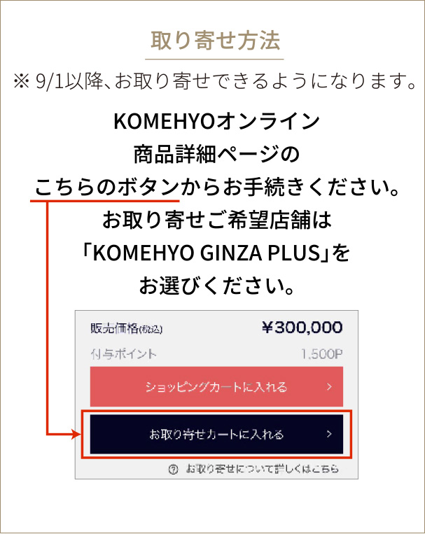 取り寄せ方法 ※9/1以降、お取り寄せできるようになります。 KOMEHYOオンライン商品詳細ページのこちらのボタンからお手続きください。お取り寄せご希望店舗は「KOMEHYO GINZA PLUS」をお選びください。
